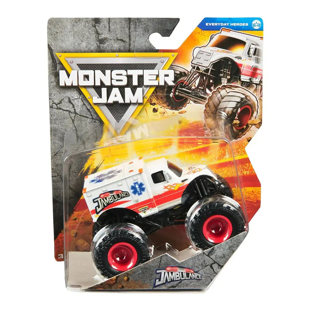 Monster Jam Jambulance Everyday Hero 1:64 scale monster truck packaging front with toy in blister pack, dramatic background artwork, and Monster Jam logo in yellow triangle.