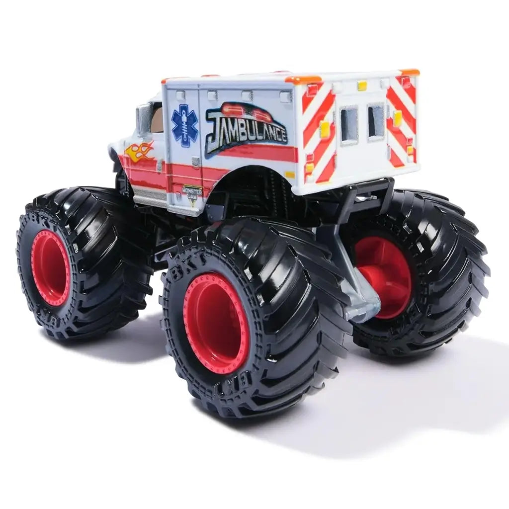 Monster Jam Jambulance Everyday Hero 1:64 scale monster truck rear angled view showing oversized black tires with red rims, white ambulance body, and striped back doors.