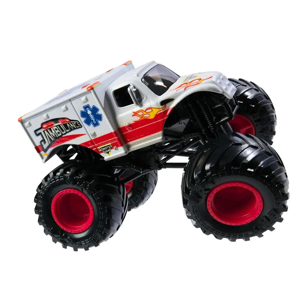 Monster Jam Jambulance Everyday Hero 1:64 scale toy monster truck side angled action pose showing lifted suspension, ambulance-style graphics, and oversized rugged wheels.