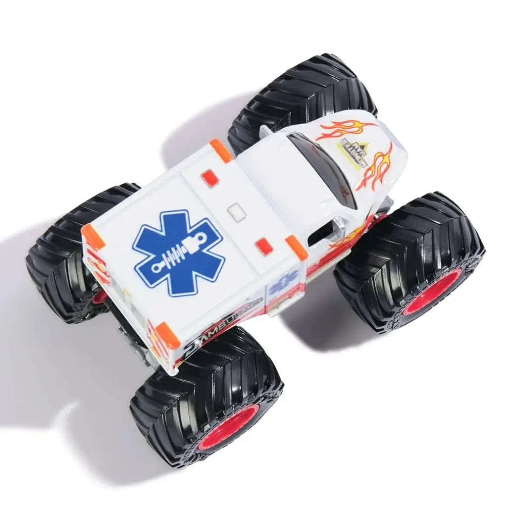 Monster Jam Jambulance Everyday Hero 1:64 scale toy monster truck top-down view with white roof, blue star of life medical emblem, orange trim, and giant black tires.