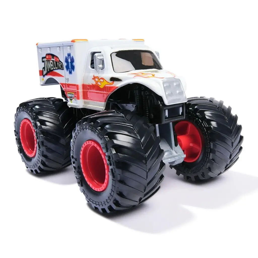 Monster Jam Jambulance Everyday Hero 1:64 scale toy monster truck front angled view with detailed cab, ambulance graphics, black tread tires, and bright red rim accents.