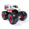 Monster Jam Jambulance Everyday Hero 1:64 scale toy monster truck front angled view with detailed cab, ambulance graphics, black tread tires, and bright red rim accents.