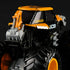 Closeup of Monster Jam JCB Digatron 1:64 scale diecast truck, highlighting orange cab, JCB logos, rugged tread tires, and gray mechanical details at the front.