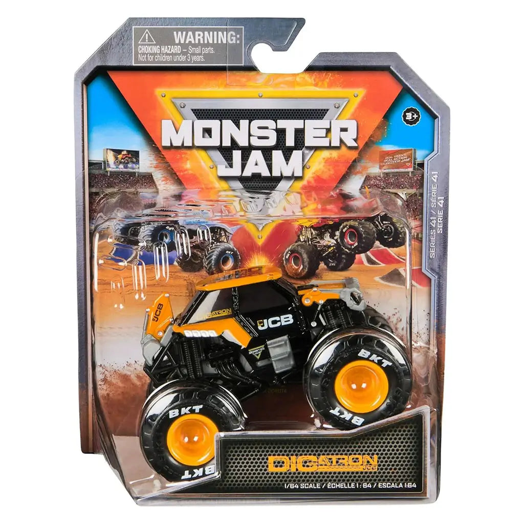 Monster Jam JCB Digatron 1:64 scale diecast truck in its stadium-style packaging, showing black and orange body, JCB logos, and bright orange wheel hubs.