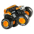 Side view of Monster Jam JCB Digatron diecast truck at 1:64 scale, featuring black and orange body, bold JCB branding, silver parts, and oversized tires.
