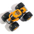Top view of Monster Jam JCB Digatron 1:64 scale truck with bold orange roof labeled “Digatron,” black cab, gray engine details, and massive black tires.