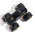 Top view of Monster Jam Kane Brown K-Rex diecast truck at 1:64 scale, showing glossy black roof, orange “K-Rex” graphics, gold chassis, and rugged black wheels.