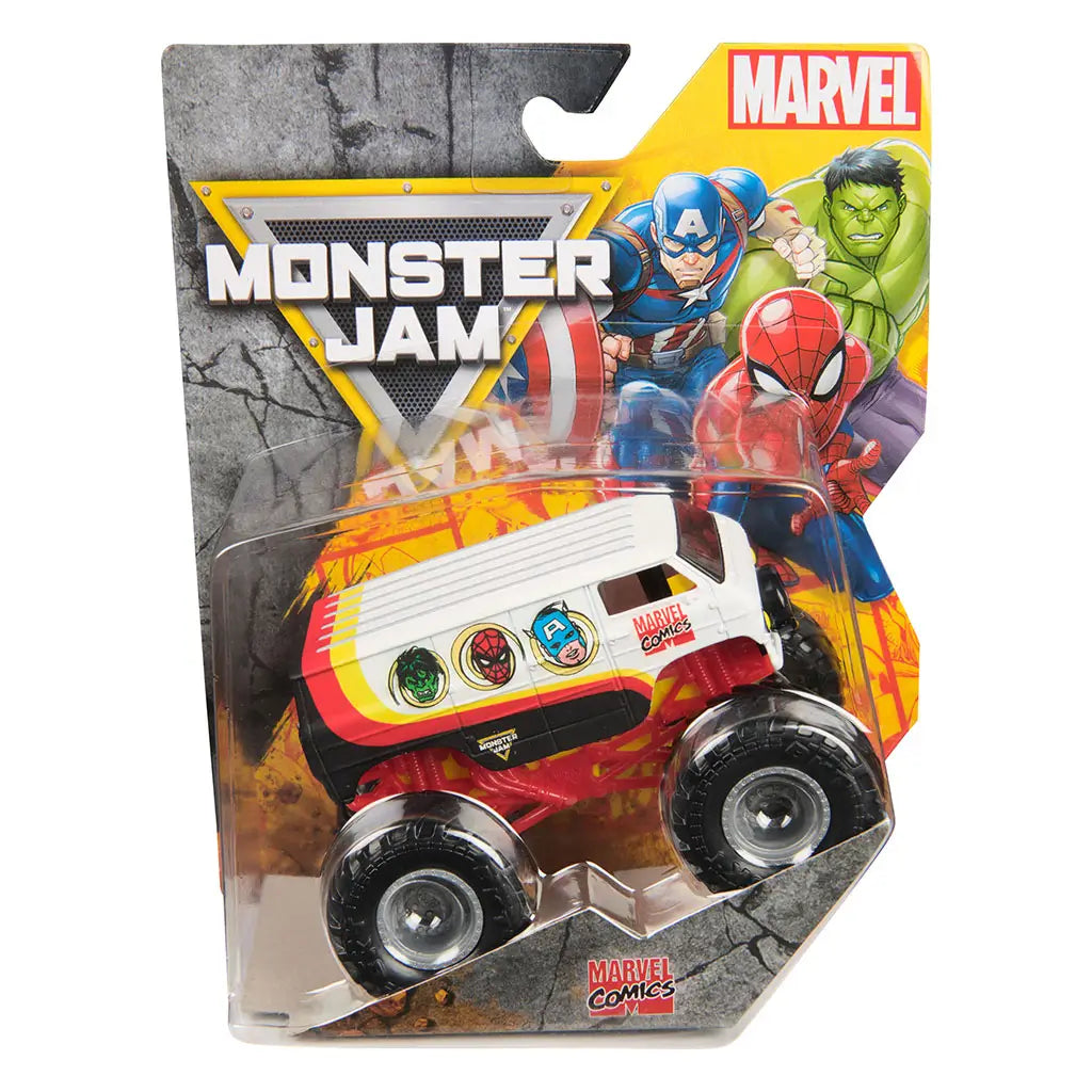 Monster Jam Marvel Comics Classic Van 1:64 scale toy monster truck in packaging, featuring bold Marvel heroes artwork with Spider-Man, Hulk, and Captain America.