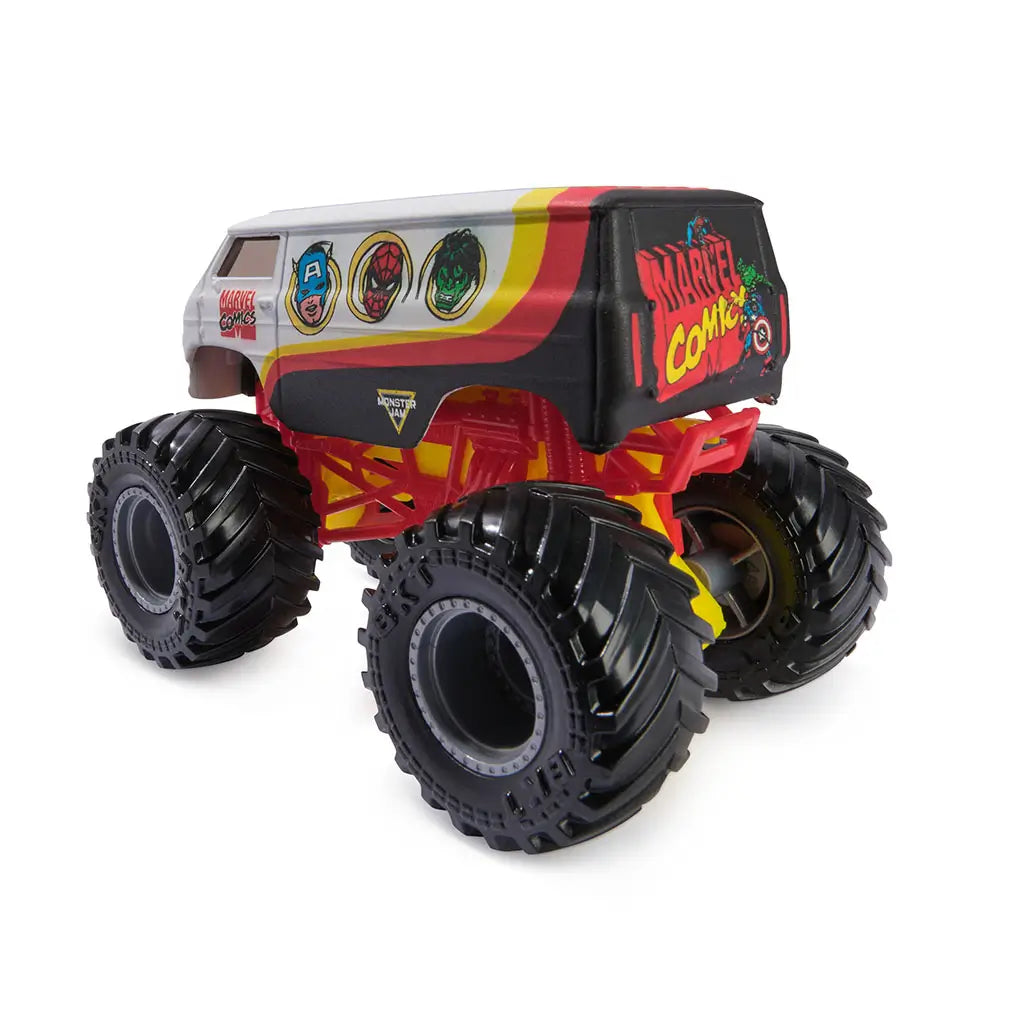 Marvel Comics Monster Jam Classic Van toy truck rear view, highlighting oversized wheels, bright red undercarriage, and bold Marvel Comics logo with heroes.