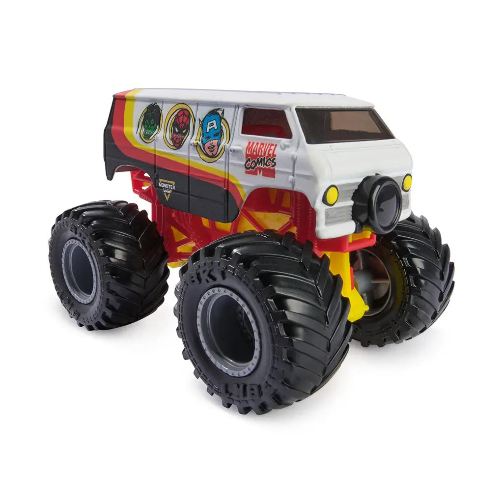 Marvel Comics Monster Jam Classic Van toy truck with oversized black tires, white and red body, and illustrated faces of Hulk, Spider-Man, and Captain America.