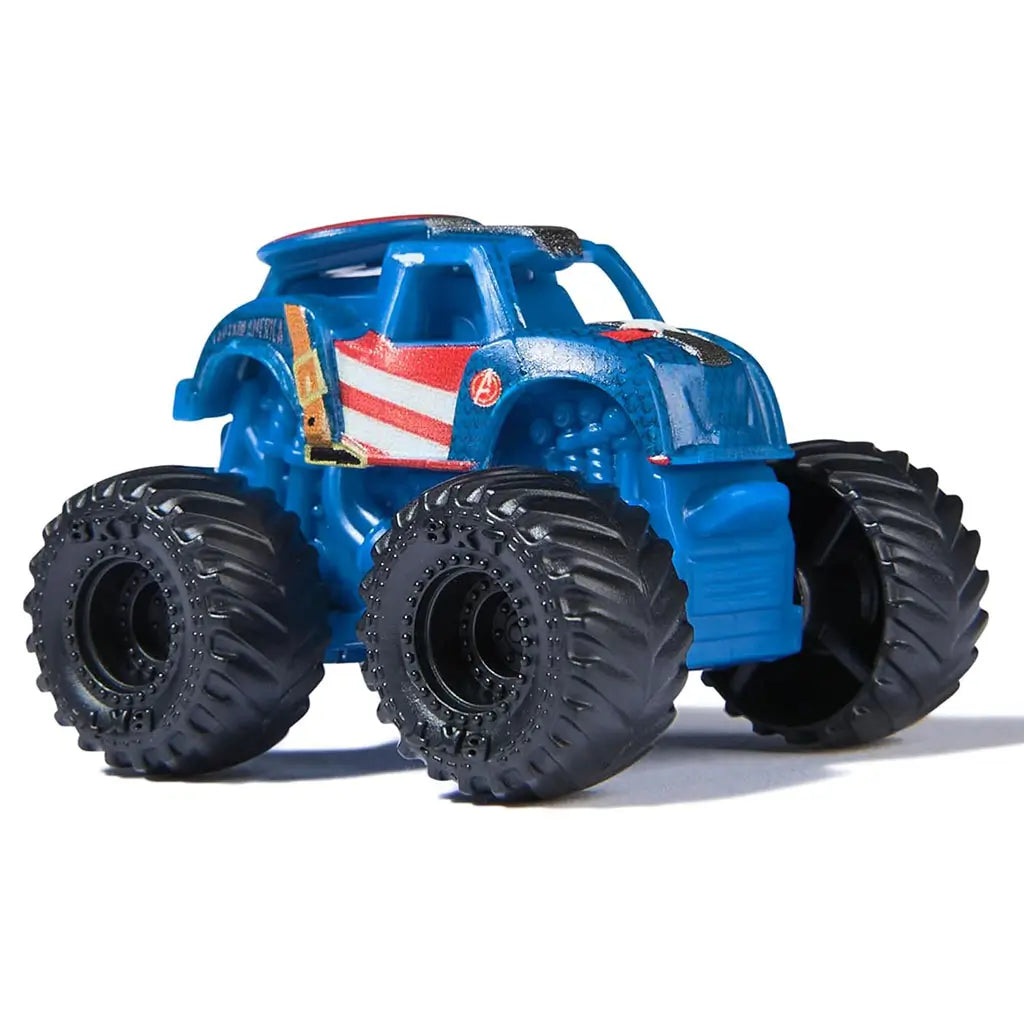 Marvel Captain America mini Monster Jam truck in 1:87 scale, blue with shield roof, black oversized tires, angled view emphasizing superhero-themed detailing and collectible finish.