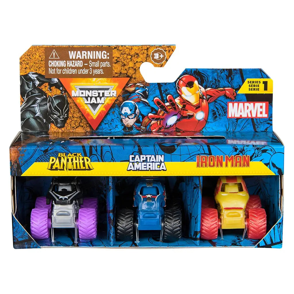 Marvel Monster Jam 1:87 scale 3-pack packaging featuring Captain America, Black Panther, and Iron Man trucks in display box with vibrant superhero artwork and logos.