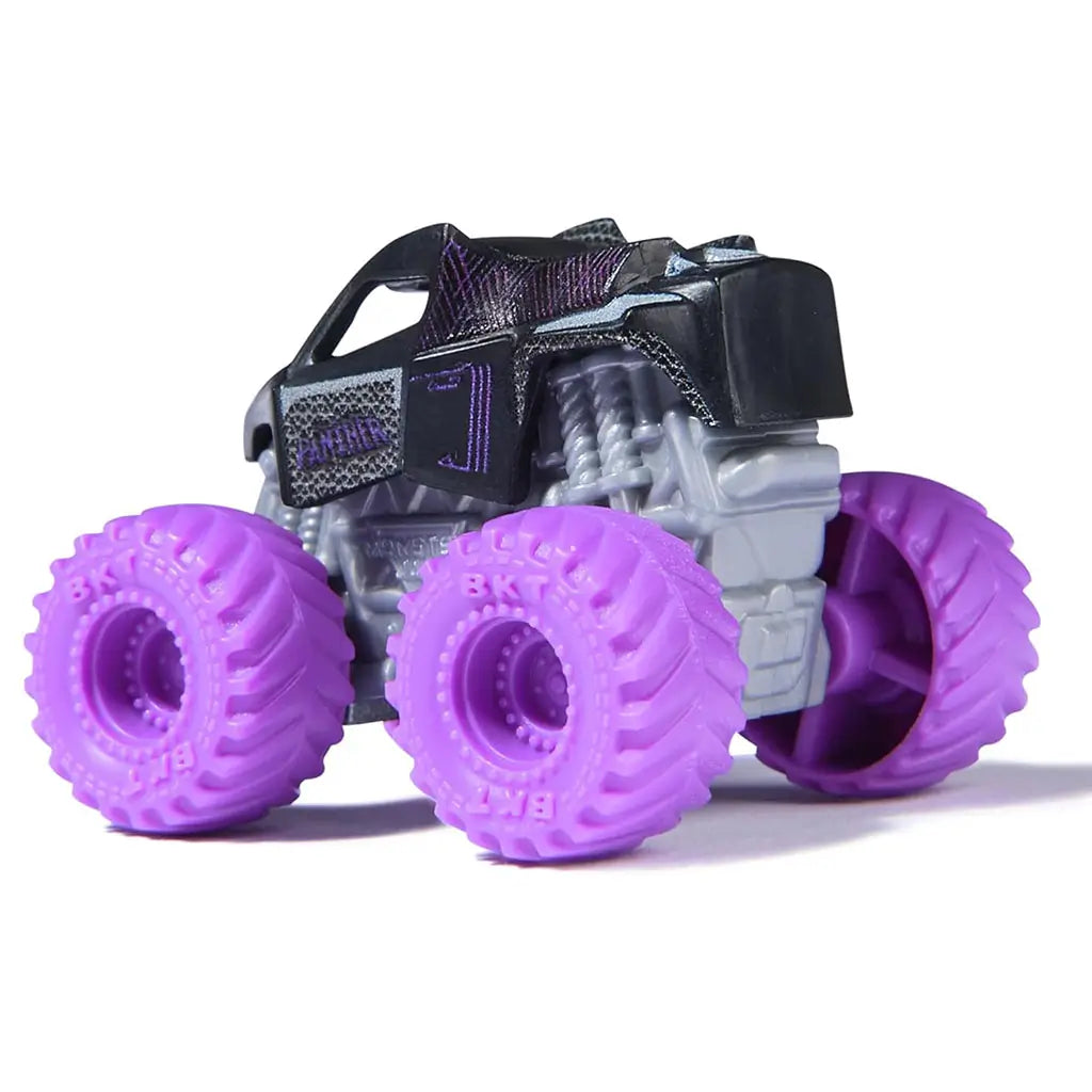 Marvel Black Panther mini Monster Jam truck in 1:87 scale, gray and black body with purple accents and bold purple wheels, rear angled view highlighting superhero-themed design.