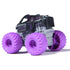 Marvel Black Panther mini Monster Jam truck in 1:87 scale, gray and black body with purple accents and bold purple wheels, rear angled view highlighting superhero-themed design.