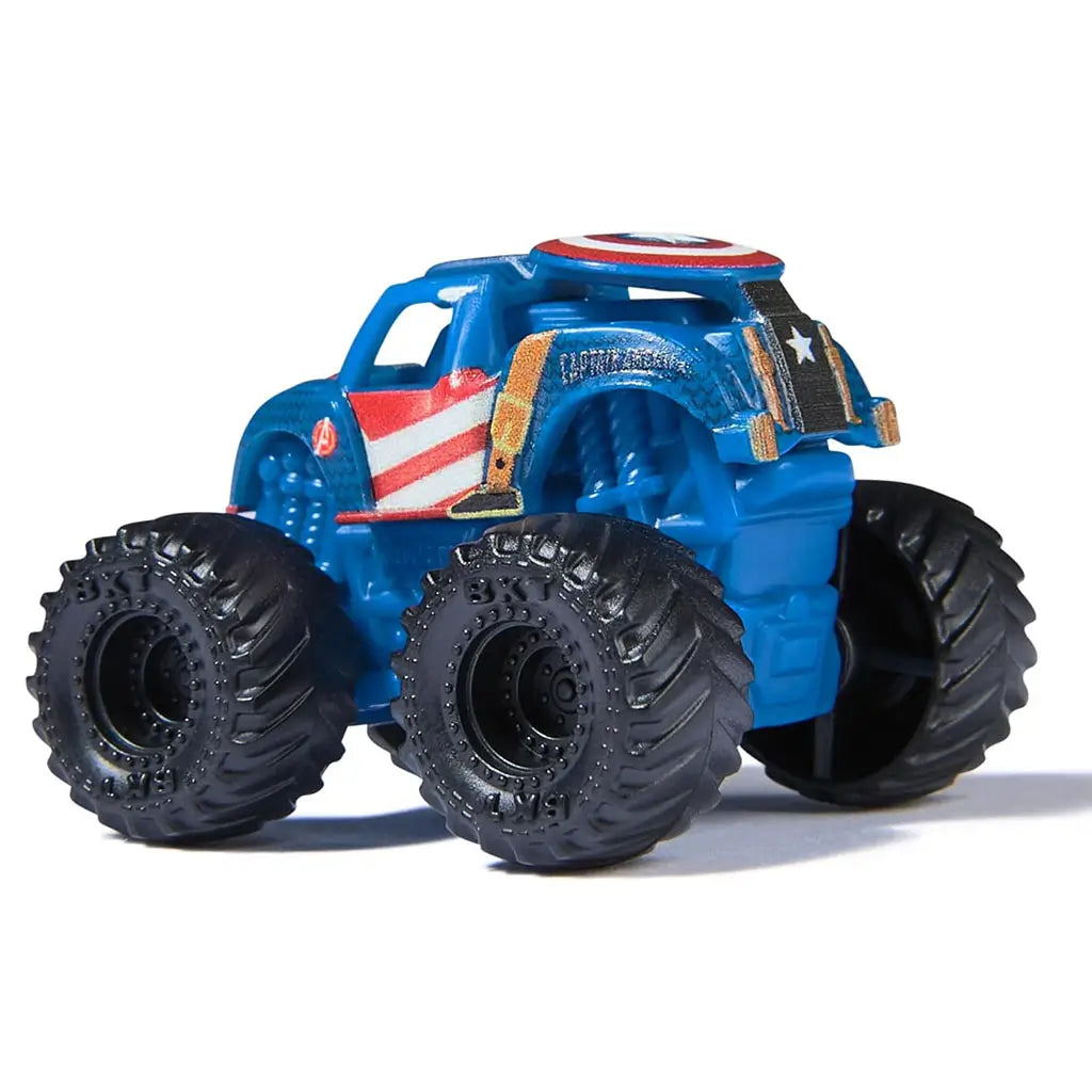 Marvel Captain America mini Monster Jam truck in 1:87 scale, blue with shield roof design, black tires, and red-white stripes, shown in angled rear view collectible toy detail.