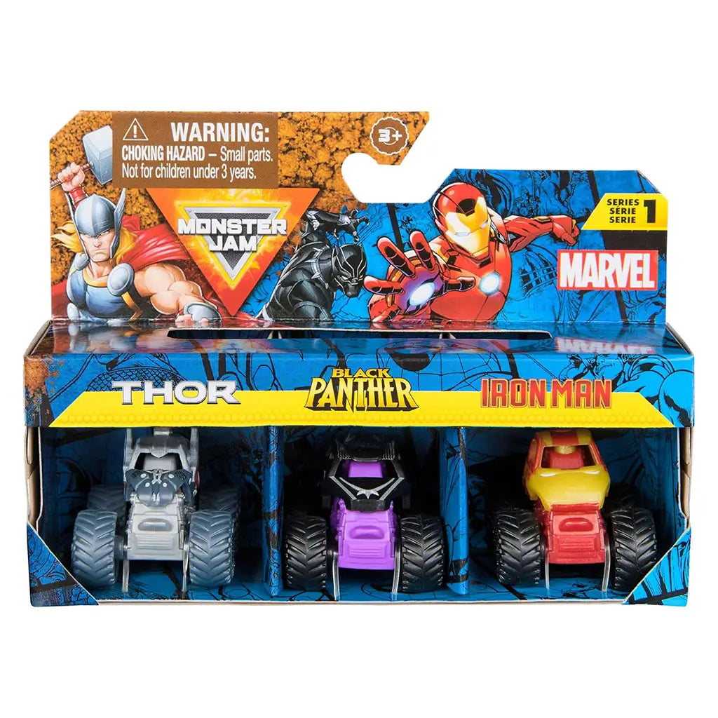 Front packaging view of Monster Jam Marvel 1:87 scale mini monster truck three-pack featuring Thor, Black Panther, and Iron Man themed collectible vehicles.