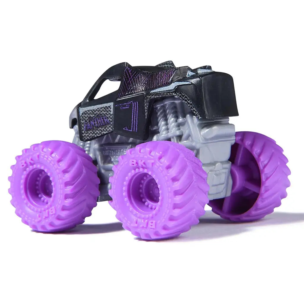 Rear angled view of Monster Jam Marvel Black Panther mini monster truck showcasing black and silver trim, purple oversized wheels, and textured detailing.