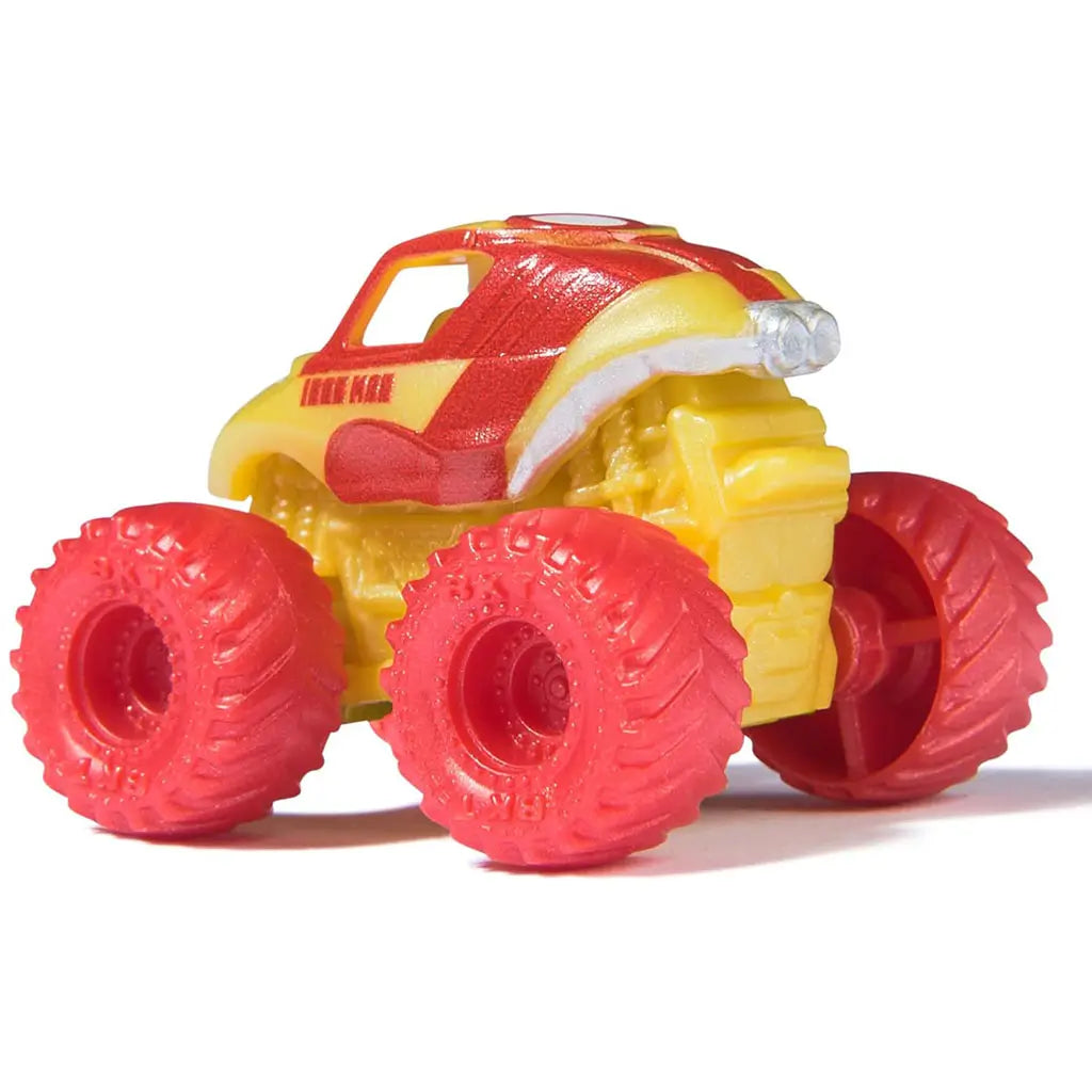 Rear angled view of Monster Jam Marvel Iron Man mini monster truck with shiny yellow and red body, bold detailing, and chunky red wheels.