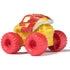 Rear angled view of Monster Jam Marvel Iron Man mini monster truck with shiny yellow and red body, bold detailing, and chunky red wheels.