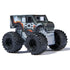 Close-up of Monster Jam Marvel Thor mini monster truck with gray body, red hammer detail, and oversized black wheels, part of 1:87 scale three-pack set.