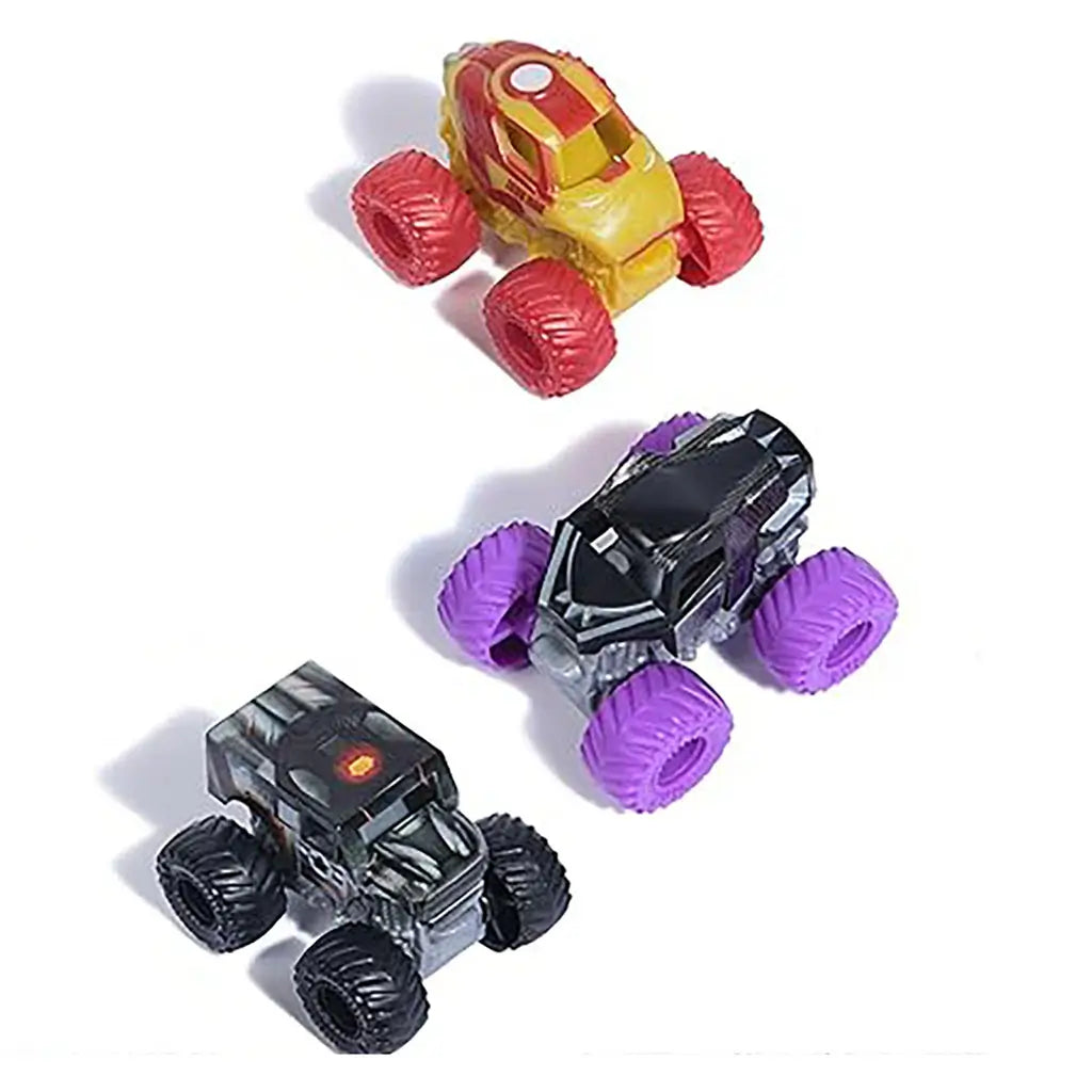 Overhead view of Monster Jam Marvel 1:87 scale mini monster trucks three-pack featuring Iron Man, Black Panther with purple tires, and War Machine with black wheels.