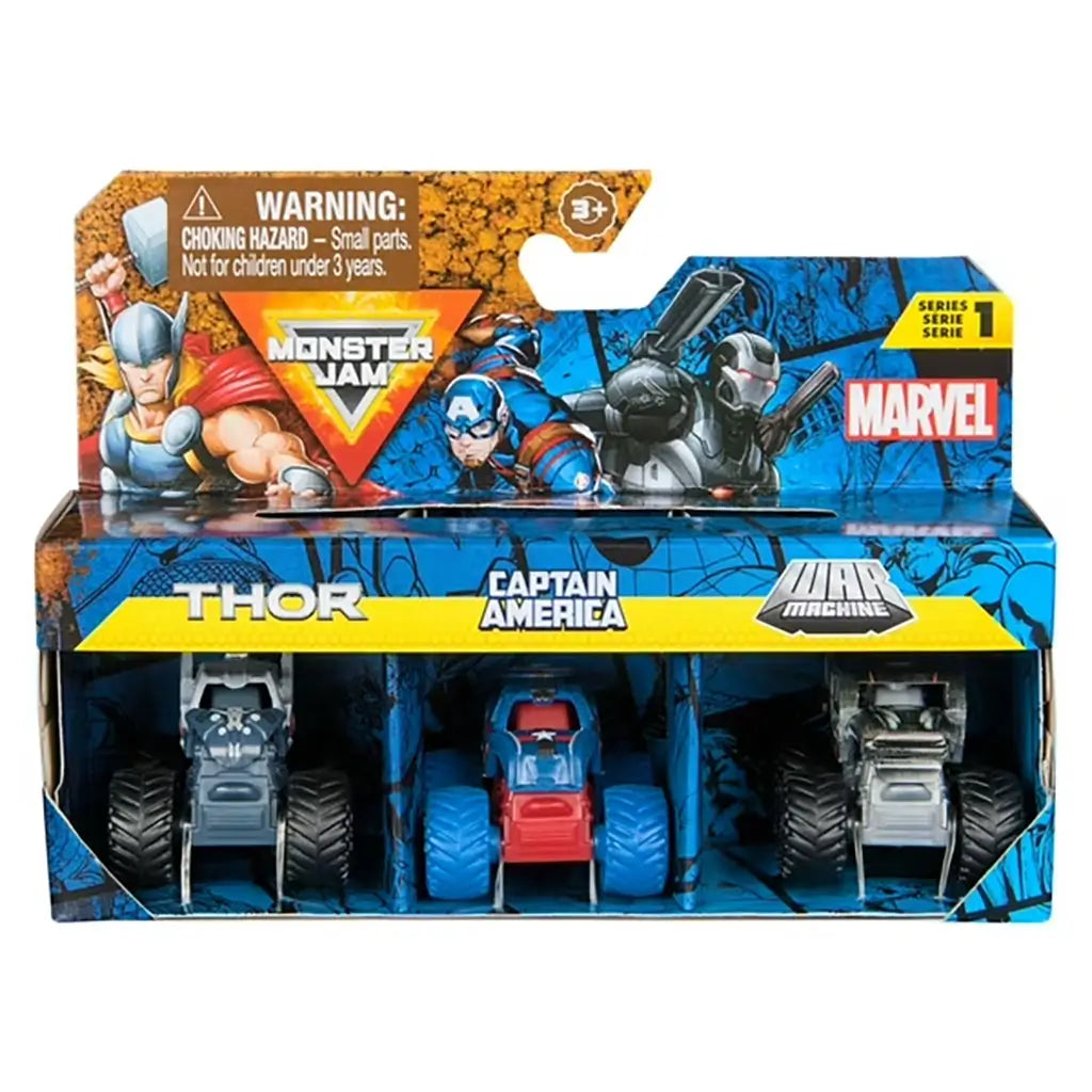 Marvel Monster Jam 1:87 scale 3-pack packaging featuring Thor, Captain America, and War Machine trucks in display box with bold superhero artwork and Marvel branding.