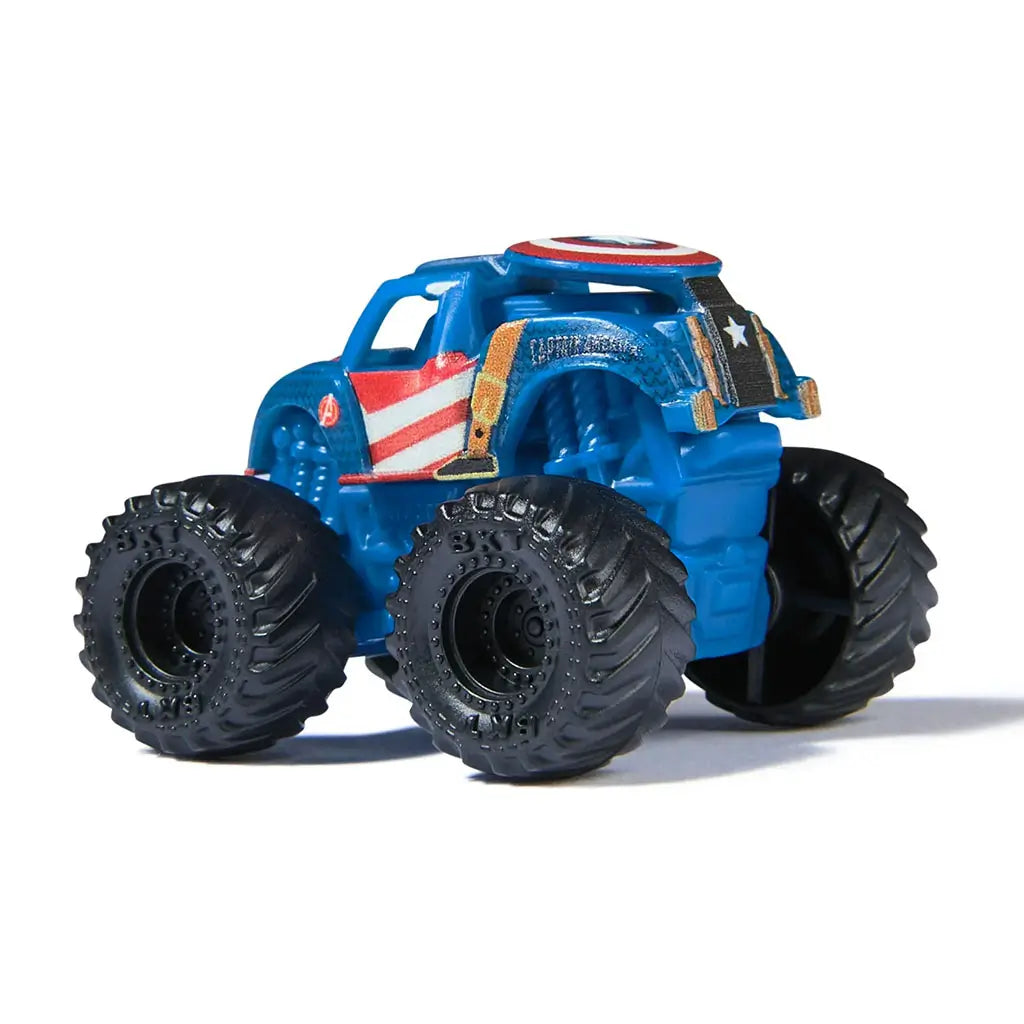 Marvel Captain America mini Monster Jam truck in 1:87 scale, blue with shield roof, red-white side stripes, and black wheels, shown in rear angled collectible toy view.