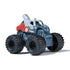 Marvel Thor mini Monster Jam truck in 1:87 scale, gray armored body with red cape accents and silver hammer mounted on top, angled view highlighting hero-inspired design.