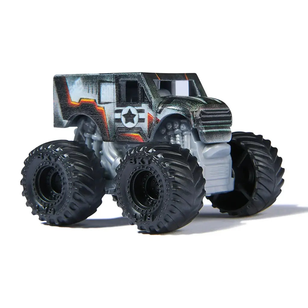 Marvel War Machine mini Monster Jam truck in 1:87 scale, armored gray and black body with detailed graphics, black wheels, collectible toy styled with hero-specific details.
