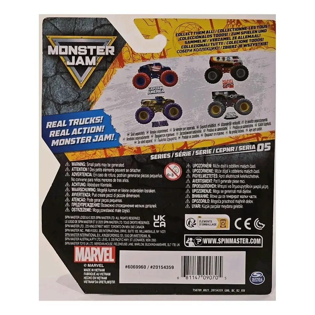 Monster Jam Marvel toy packaging back featuring series collection with trucks like Captain America and Thanos, safety warnings, multilingual text, and Spin Master branding.