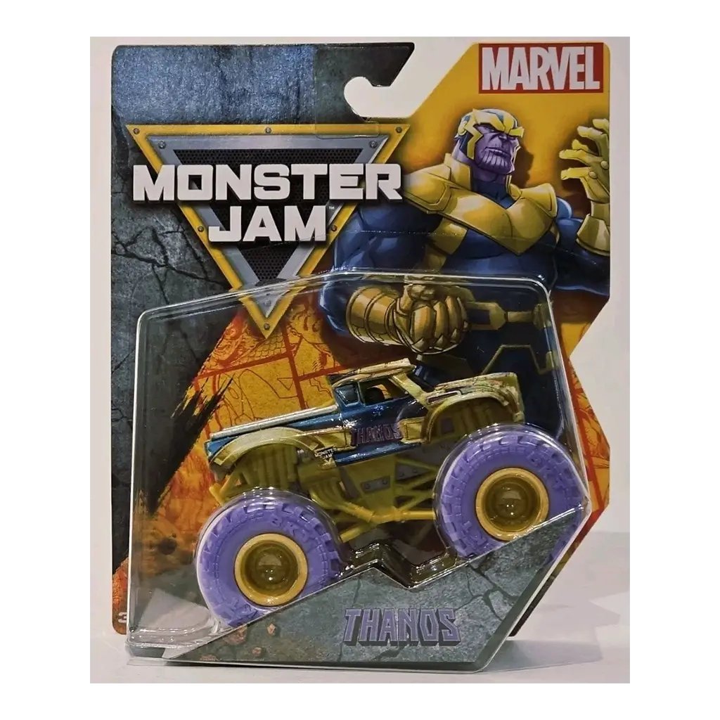Marvel Monster Jam Thanos 1:64 scale toy truck in retail packaging with bold Thanos illustration, Monster Jam logo, and visible truck design showcasing purple tires and gold frame.