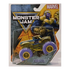 Marvel Monster Jam Thanos 1:64 scale toy truck in retail packaging with bold Thanos illustration, Monster Jam logo, and visible truck design showcasing purple tires and gold frame.