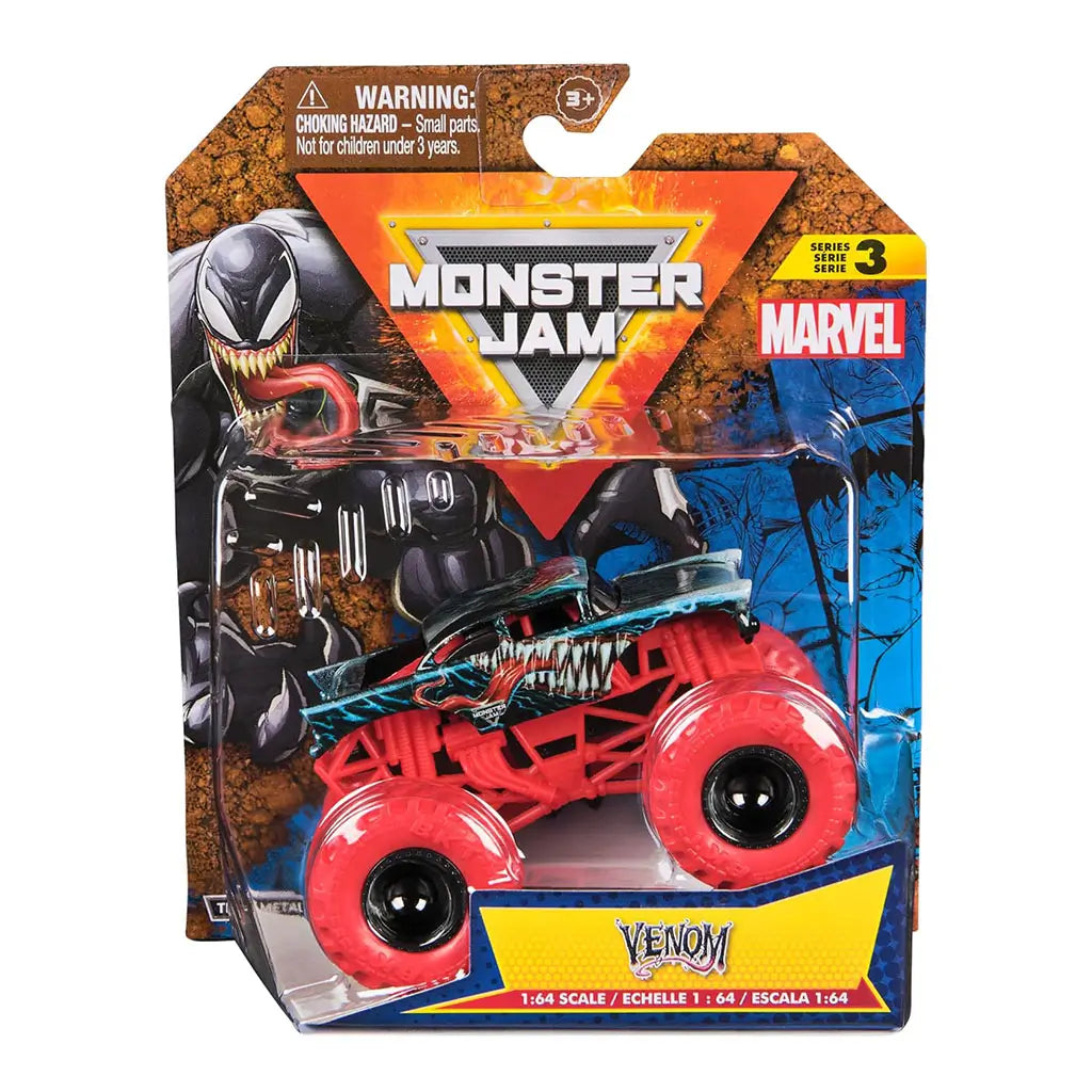 Packaged Monster Jam Marvel Venom diecast truck shows collectible blister pack with Venom artwork, Marvel logo, bold branding, and the truck with red wheels inside.