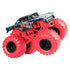 Monster Jam Marvel Venom truck diecast model shows black body with sharp teeth graphics, fiery red chassis, and four huge red textured wheels from a side perspective.