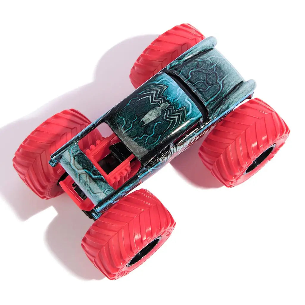 Marvel Monster Jam Venom truck toy features a black metallic body with spider emblem, bold red oversized tires, and rugged plastic chassis viewed from the top angle.