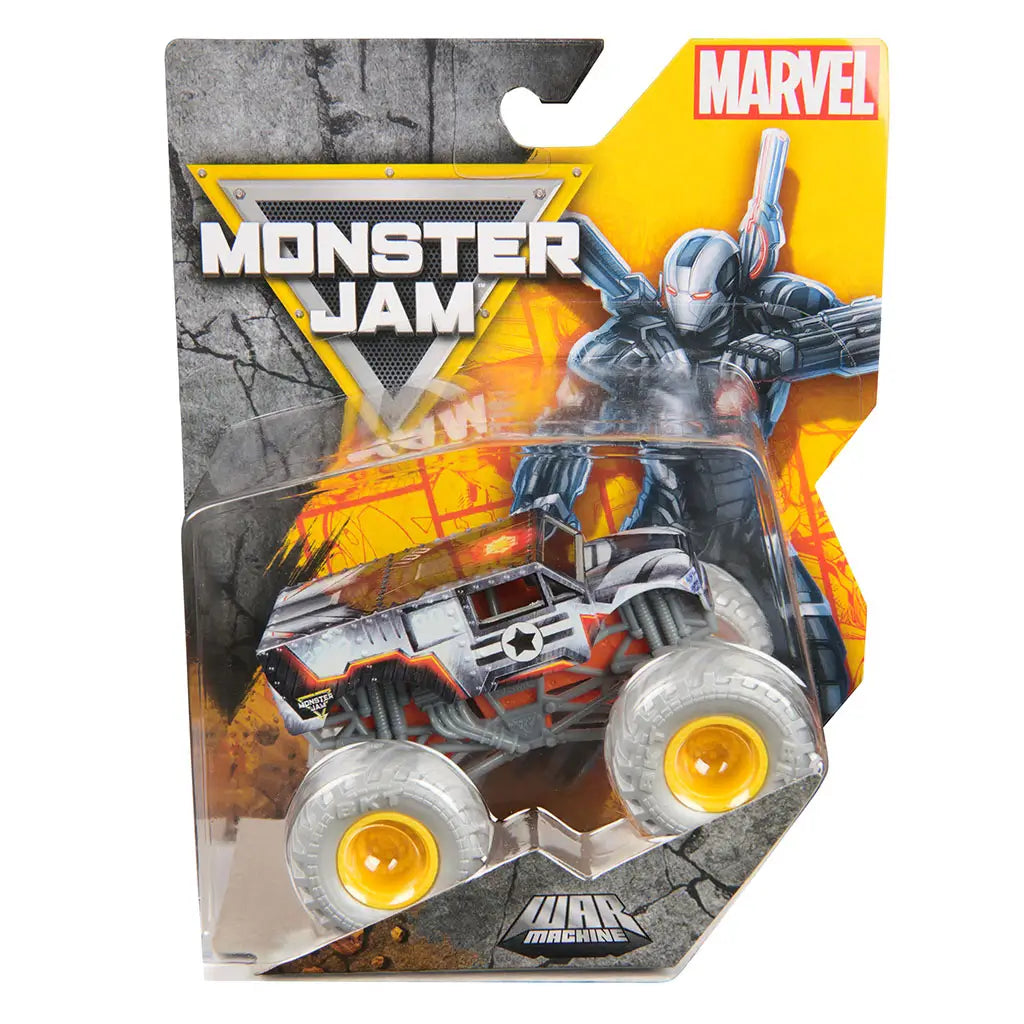 Marvel Monster Jam War Machine 1:64 scale monster truck in packaging, with illustrated War Machine character art and rugged toy design with giant wheels.