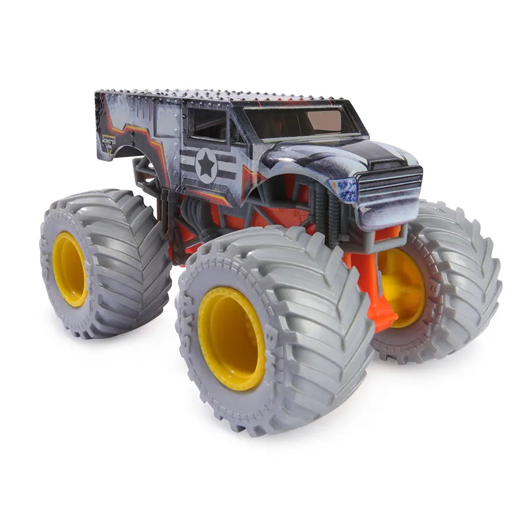 Marvel Monster Jam War Machine 1:64 scale toy monster truck with silver body, military star emblem, oversized gray tires, and bright yellow wheel hubs.