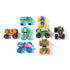 Monster Jam toy trucks collection in assorted bright plastic colors with detailed body designs and chunky treaded wheels arranged neatly on a clean white background for display and play.