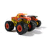 Monster Jam El Toro Loco truck in orange and yellow textured plastic with bull horn details and large black rubber tires designed for stunt play shown in a clean angled studio setting.