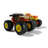 Monster Jam Max D XX truck in black and orange distressed style plastic with flame graphics and oversized yellow wheel rims designed for racing play displayed in a minimal studio background.