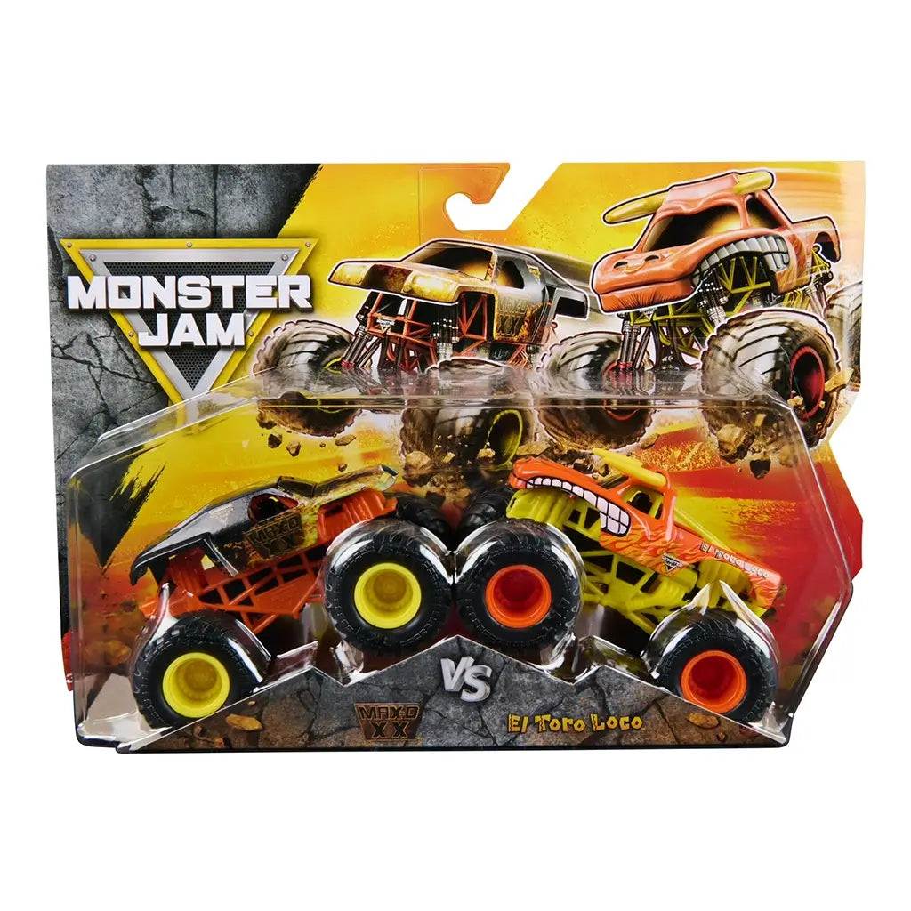 Monster Jam Max D XX vs El Toro Loco toy trucks in bright yellow, orange, and black plastic with oversized rugged wheels packaged in a bold action themed box with dirt crash graphics background.