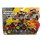 Monster Jam Max D XX vs El Toro Loco toy trucks in bright yellow, orange, and black plastic with oversized rugged wheels packaged in a bold action themed box with dirt crash graphics background.