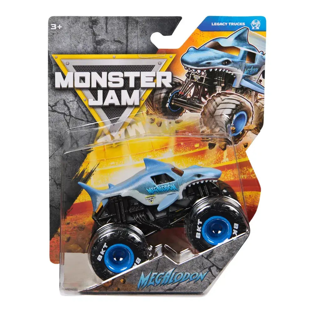 Monster Jam Megalodon toy truck in blue molded plastic shaped like a shark with textured body, oversized rubber tires, and black chassis, displayed in branded retail packaging with action graphics background.