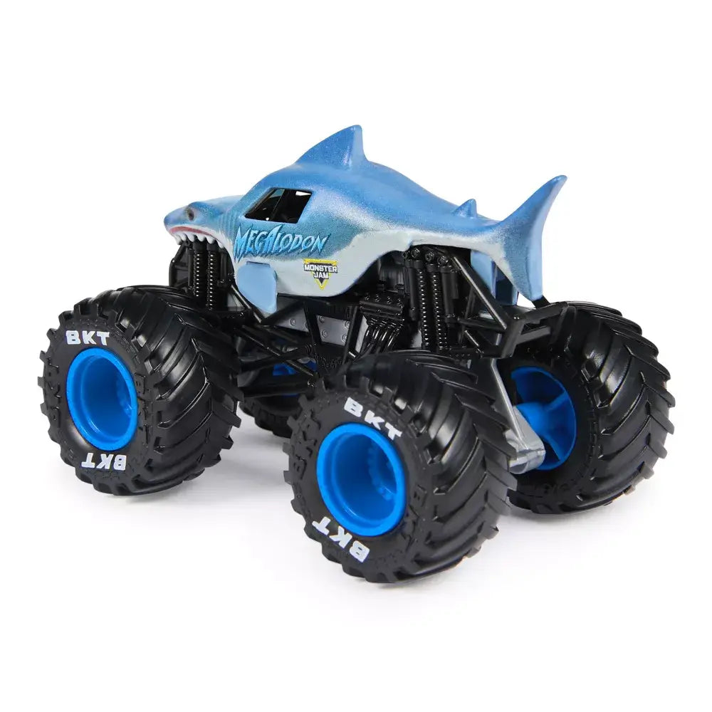 Monster Jam Megalodon toy truck rear angled view in blue shark-shaped plastic body with textured fins, oversized rubber tires, detailed black chassis and suspension, shown on a white background.