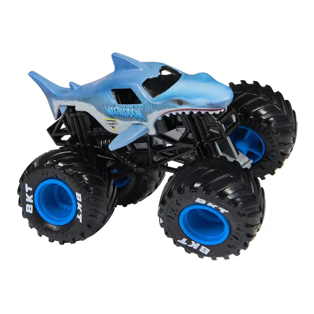 Monster Jam Megalodon toy truck in blue shark-shaped plastic body with smooth texture, large black rubber tires with blue rims, detailed suspension frame, displayed on a white studio background.