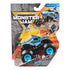 Monster Jam Megalodon toy truck in metallic blue shark design with bold graphics, sealed in a clear blister package against a fiery yellow arena backdrop emphasizing its legacy-truck theme.