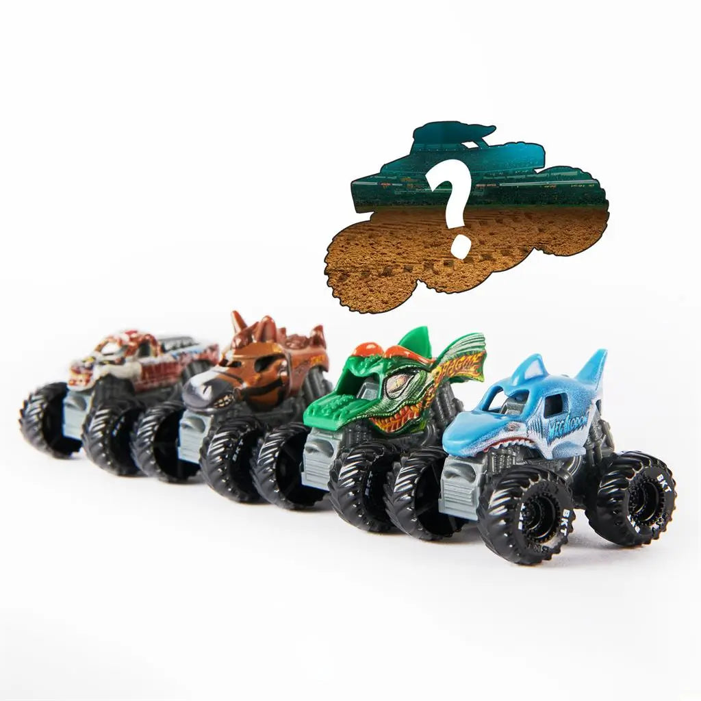 Monster Jam Mini 1:87 collectible monster trucks displayed in an angled lineup with Grave Digger–style graphics and other characters, showing detailed paint, molded plastic bodies, and rugged black tires on white.