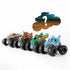 Monster Jam Mini 1:87 collectible monster trucks displayed in an angled lineup with Grave Digger–style graphics and other characters, showing detailed paint, molded plastic bodies, and rugged black tires on white.
