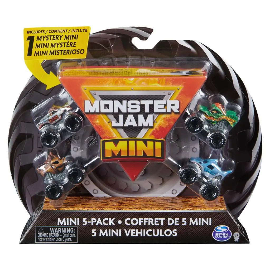 Monster Jam Mini 5-Pack retail packaging showing five 1:87 scale collectible monster trucks in clear blister display, bold Monster Jam branding, warning labels, and note of one mystery mini truck included.