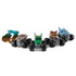Monster Jam Mini 1:87 scale collectible monster trucks lineup in assorted colors and character designs, featuring compact plastic bodies, oversized black tires, and themed graphics, arranged in a row on a white background.